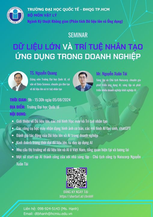 THÔNG TIN SEMINAR: DỮ LIỆU LỚN VÀ TRÍ TUỆ NHÂN TẠO – ỨNG DỤNG TRONG DOANH NGHIỆP